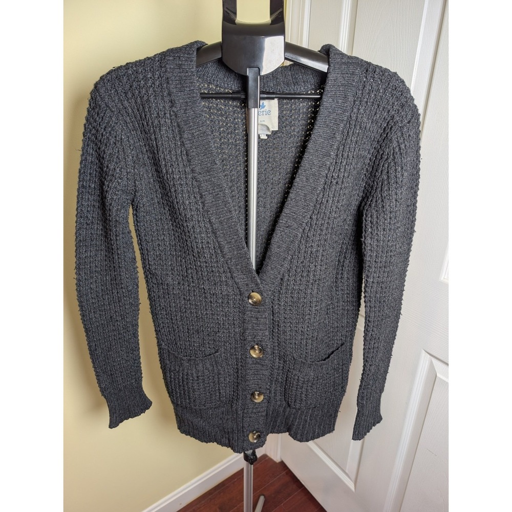 Aerie Cardigan Sweater Women Medium Gray Waffle Knit Button Front Wool Blend